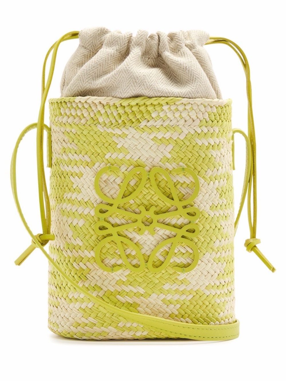 LOEWE Anagram Ajouré Square Pocket crossbody in green palm and classic calfskin.